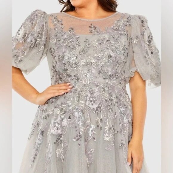 MAC DUGGAL Gray Puff Sleeve Glitter Embellished Dress Gown Midi 20475 Size 20W - Picture 2 of 6